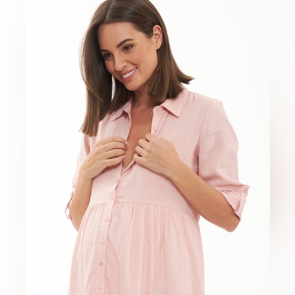 Ripe Maternity Women’s Adel Linen Blend Soft Pink Flowy Shirt Dress. Size M. NWT - Picture 5 of 12